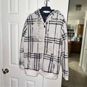 Amplify XL White Gray Black Plaid Full Zip Hoodie Jacket Distressed Look Y2K